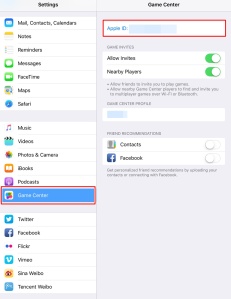 Game Center location under Settings in iOS 9.0.2